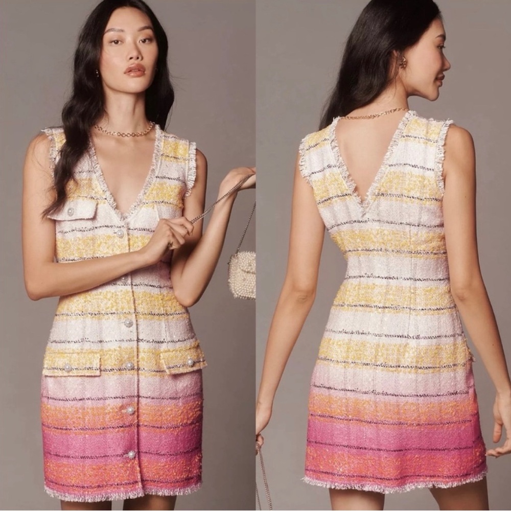 Anthropologie Maeve Sleeveless Tweed Blazer Mini Dress Pink Yellow White New